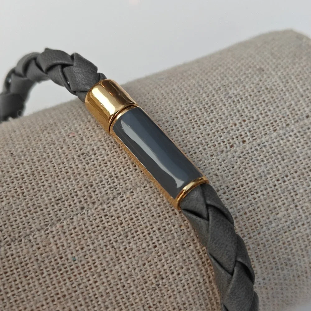 Gray Braided Faux Leather Cord Magnetic Bracelet‎ Gold Tone Enamel Clasp Woven